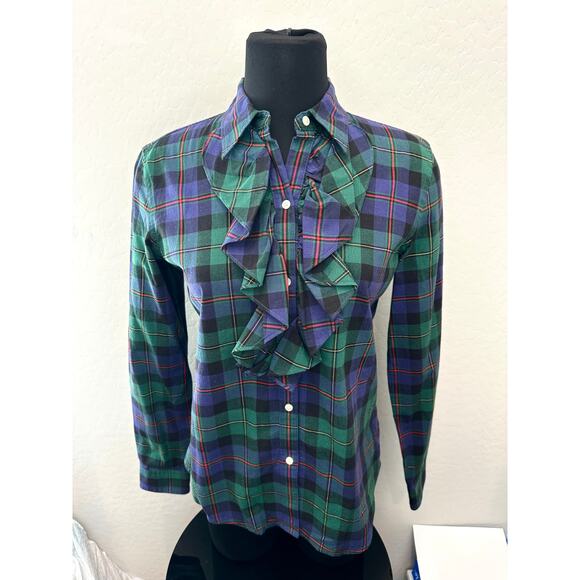 🆕 AMERICAN LIVING | Green Plaid Tuxedo Ruffle Classic Long Sleeve Blouse |Small - Picture 2 of 7